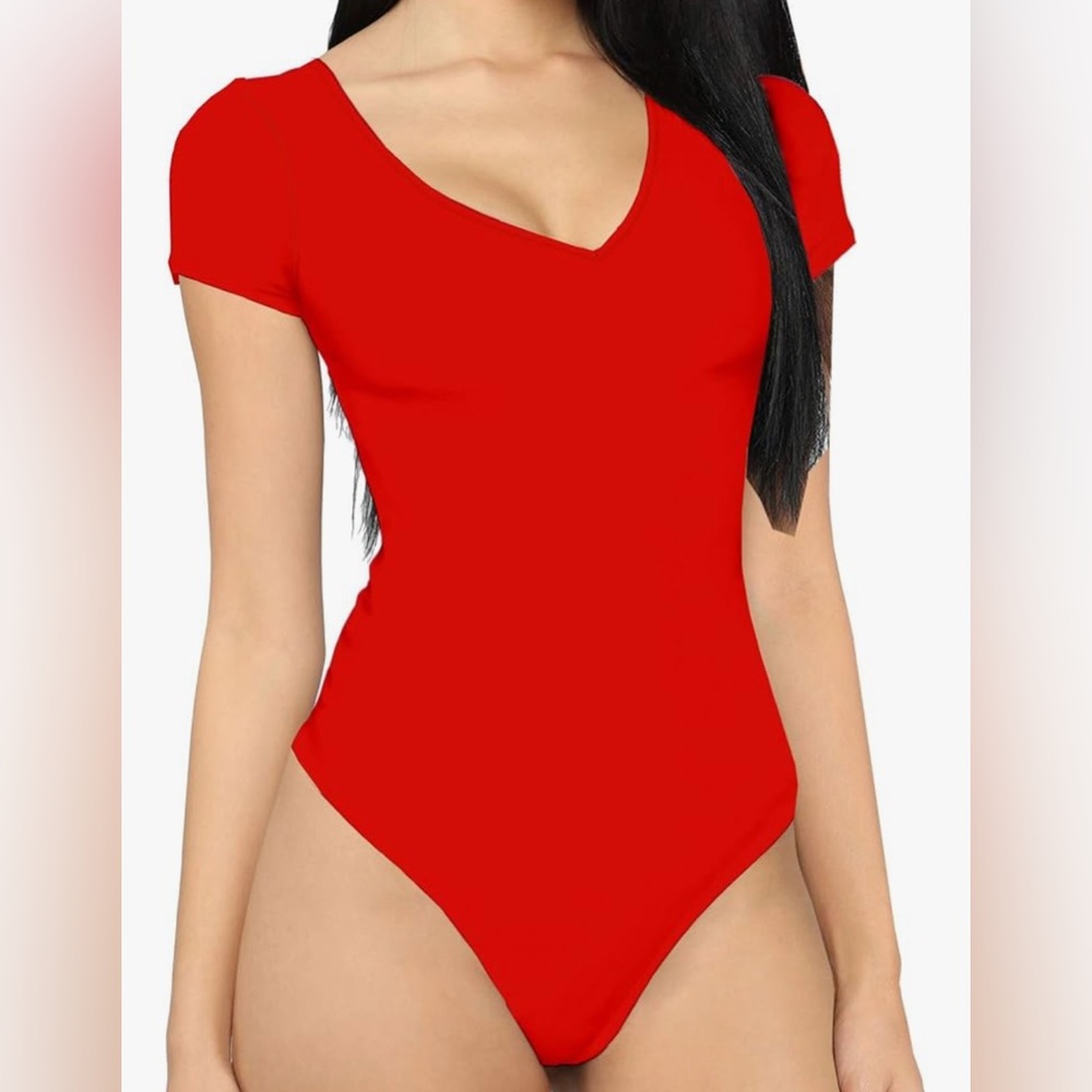 MANGDIUP bodysuit for women Short Sleeve V-Neck Casual Stretchy Basic Bodysuit